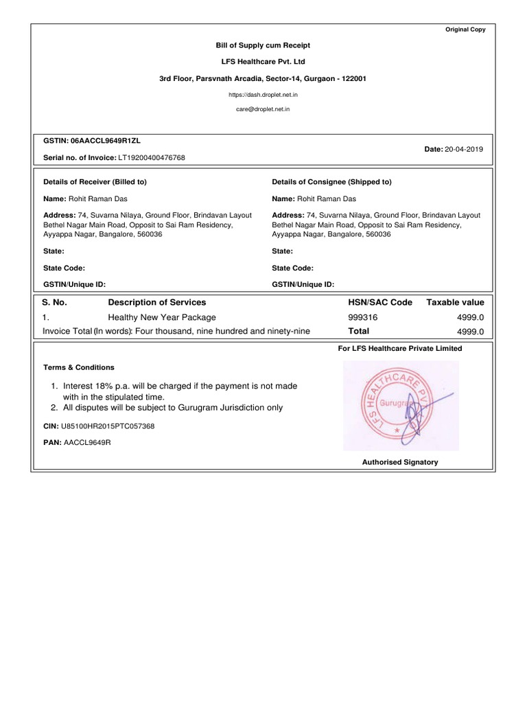 Health Checkup Bill from LFS Healthcare | PDF