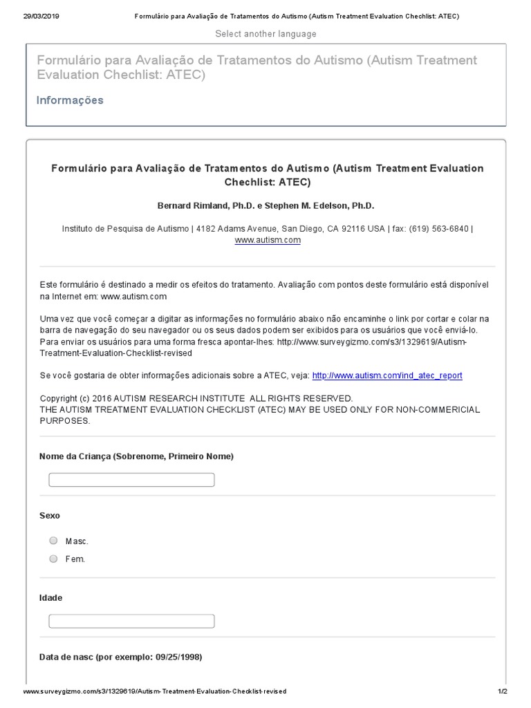 Avaliação de Tratamentos do Autismo ATEC | Ciência cognitiva ...