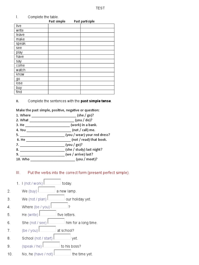 Past Simple and Present Perfect Test | PDF | Syntactic Relationships ...