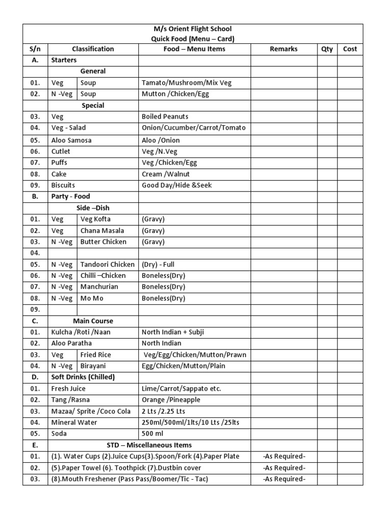Party Food Order Form 2015