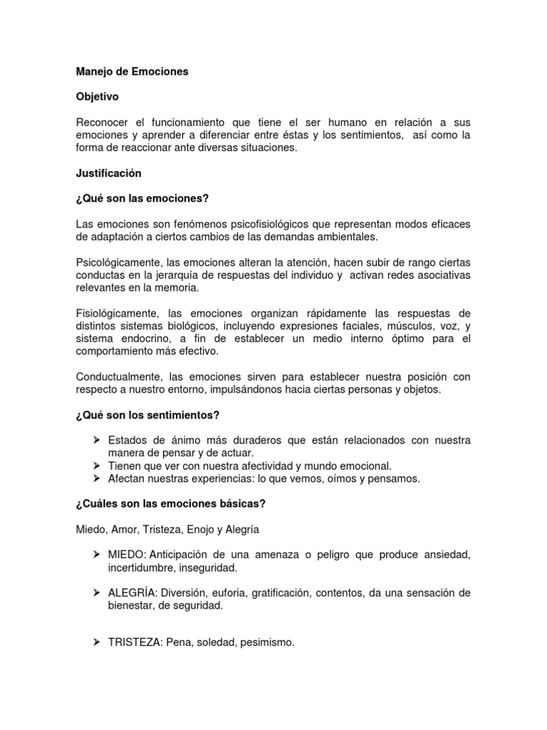 TALLER Manejo de Emociones TEORIA Y TECNICAS | PDF | Ira | Las emociones