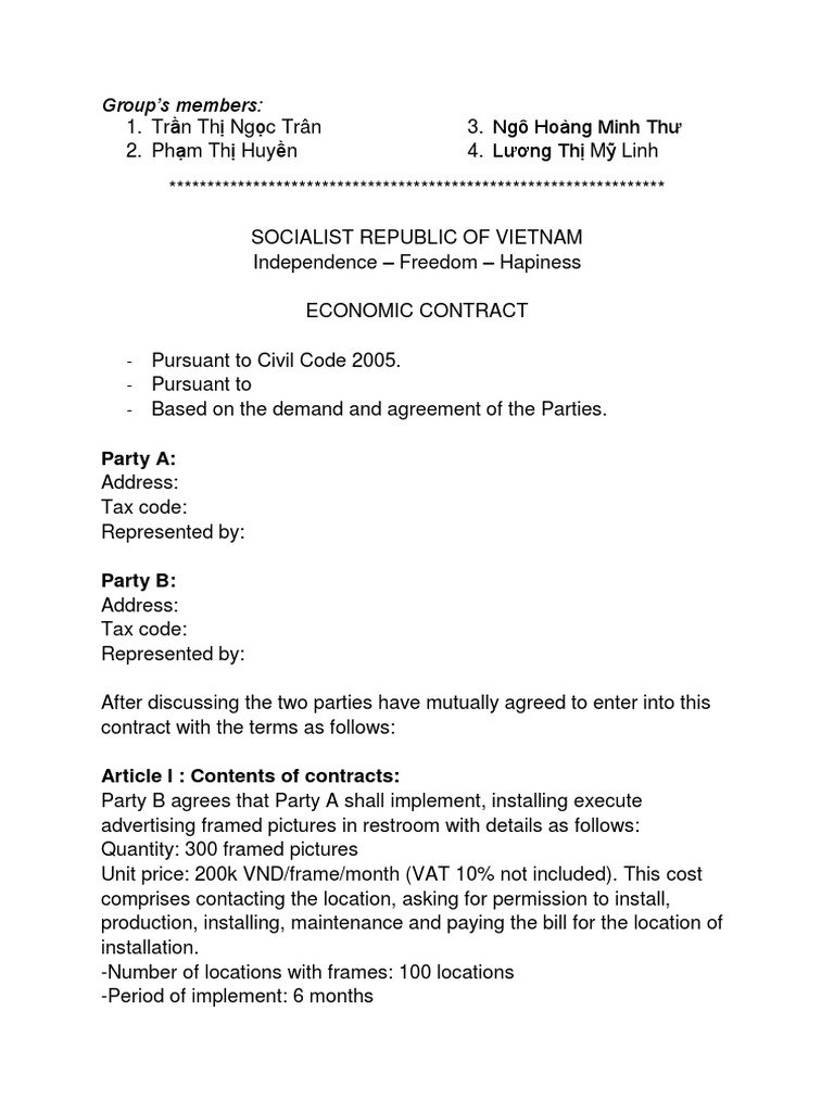 Economic Contract for Advertising Frames | PDF | Social Institutions ...