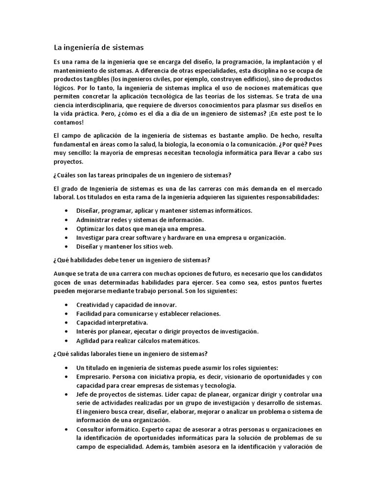 La Ingenieria De Sistemas Docx Ingenieria De Sistemas Ingenieria