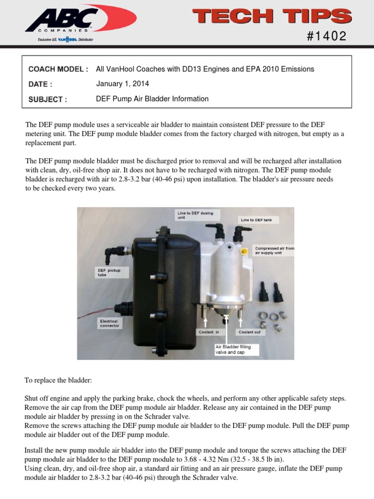 Maintenance Instructions for Replacing the DEF Pump Air Bladder on