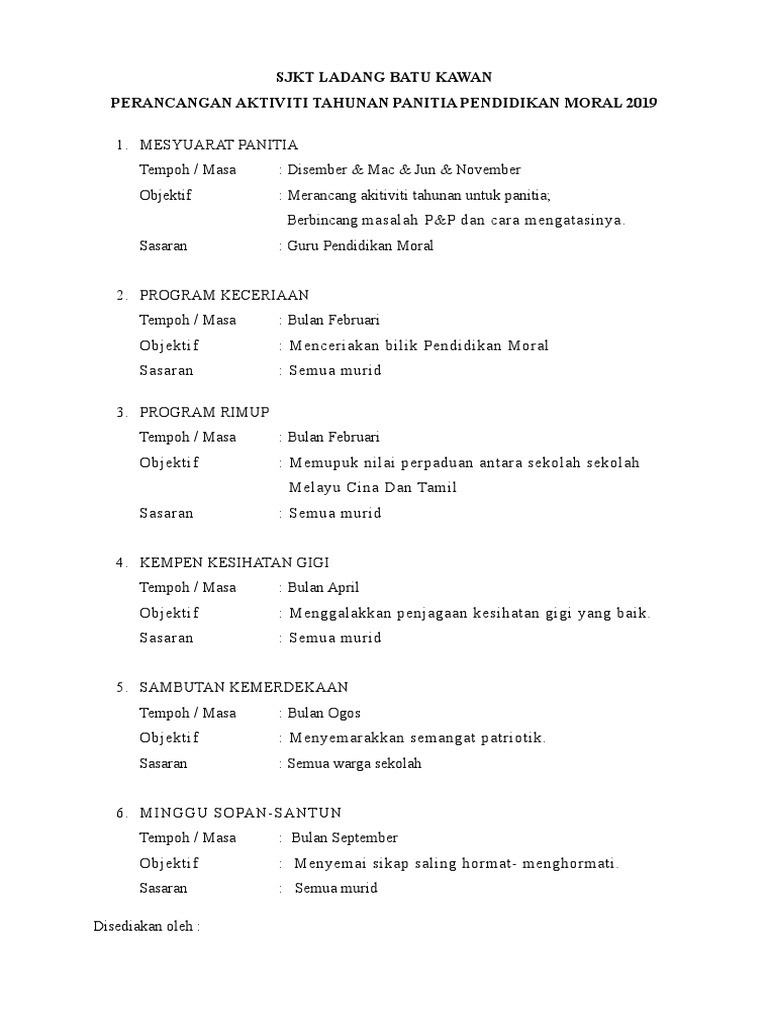 Perancangan Aktiviti Panitia Pendidikan Moral Sk Pdf