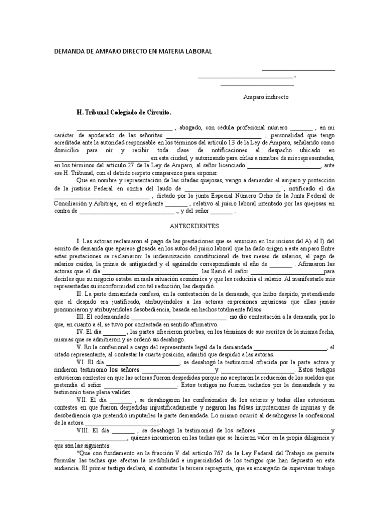 Demanda de Amparo Directo Laboral | PDF | Violación | México