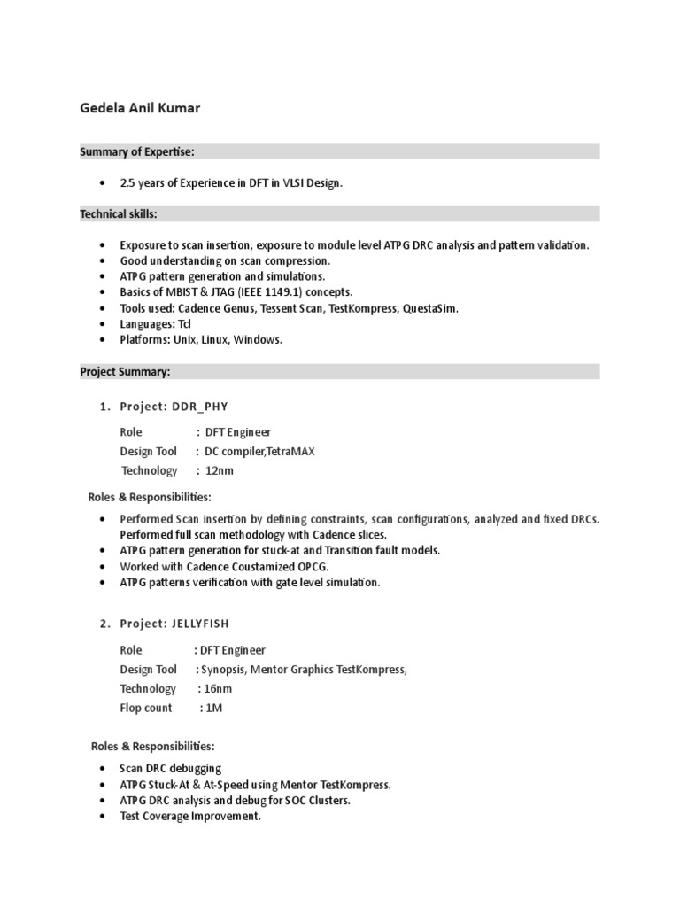 DFT Engineer Resume for VLSI Freshers | PDF