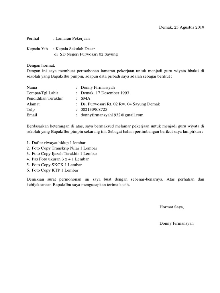 Contoh Surat Lamaran Kerja Guru Honorer Yang Masih Kuliah