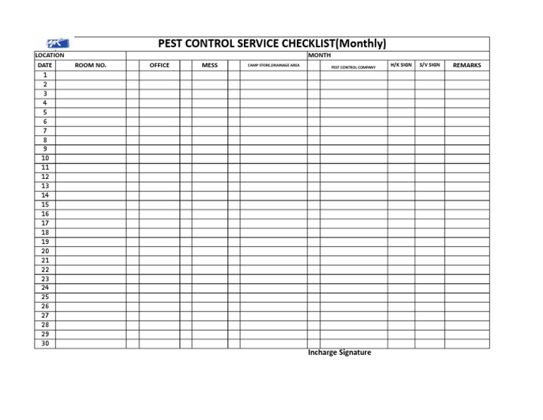 Monthly Pest Control Service Checklist | PDF