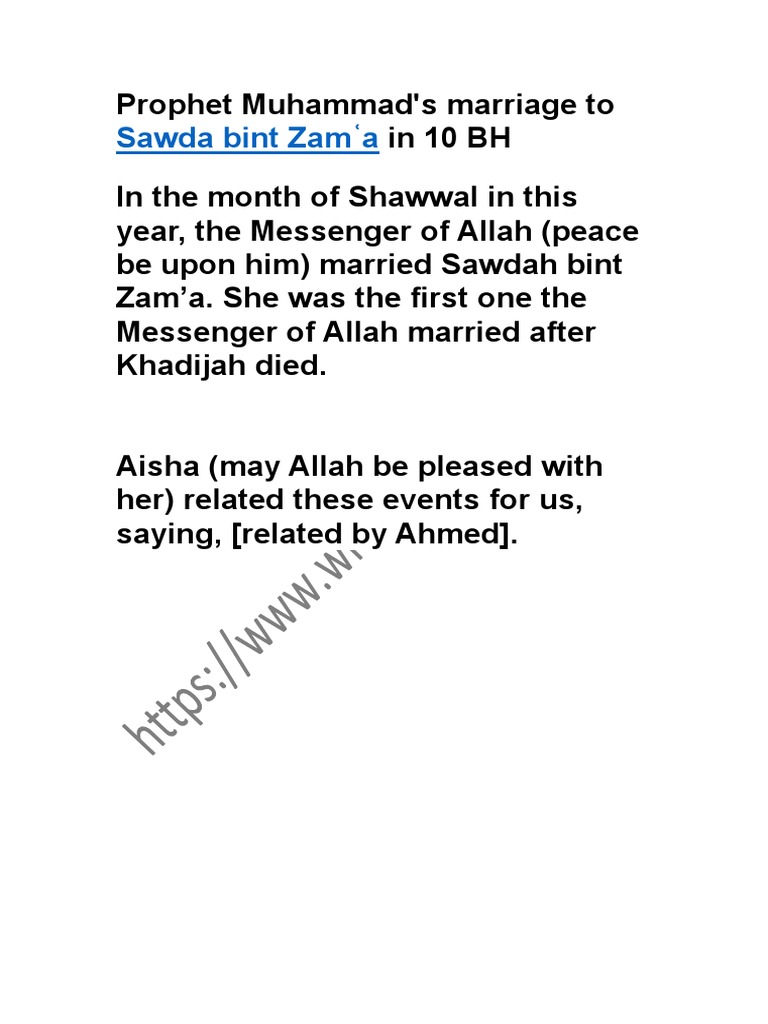 Sawda bint Zam'a: Prophet's Second Marriage | PDF | Religion & Spirituality
