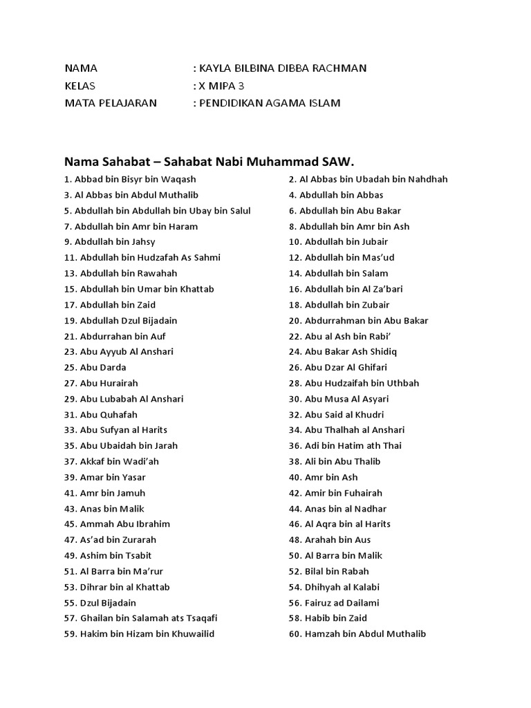 Nama Sahabat Nabi Pdf Medieval Islam History Religion