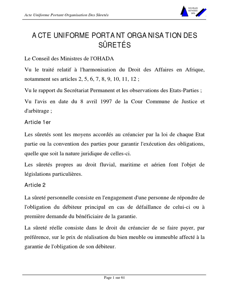 Le Nouvel Acte Uniforme Portant Organisation Des Suretes Suretes PDF | PDF | Cautionnement | Débiteur