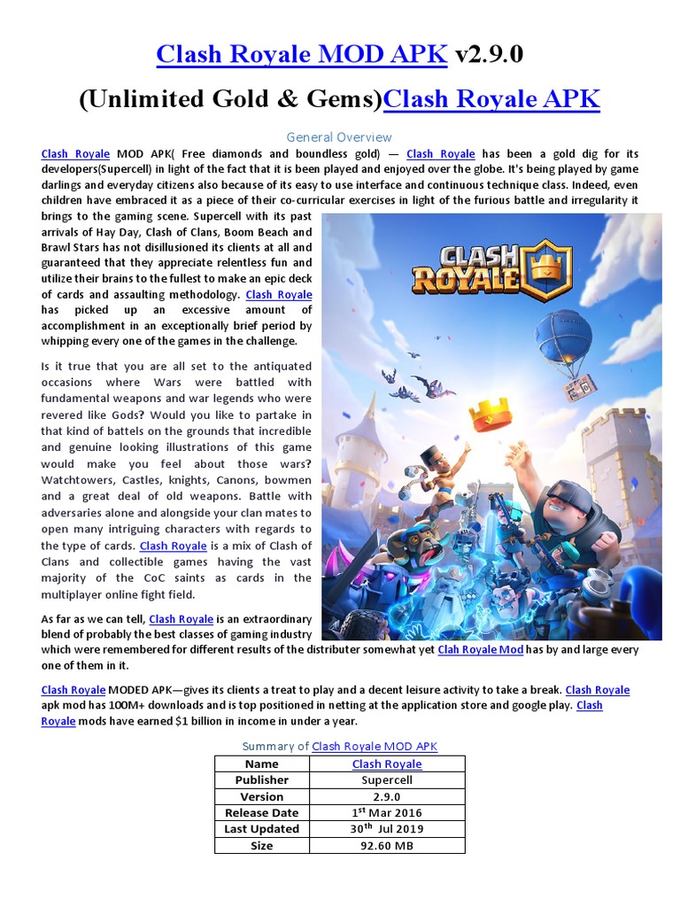 Clash Royale MOD APK Unlimited Gold & Gems PDF Leisure