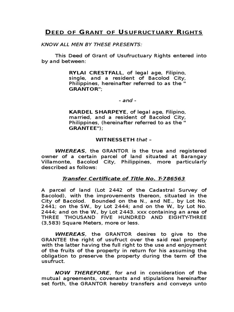 Sample Deed of Usufruct Over A Real Property PDF PDF Deed