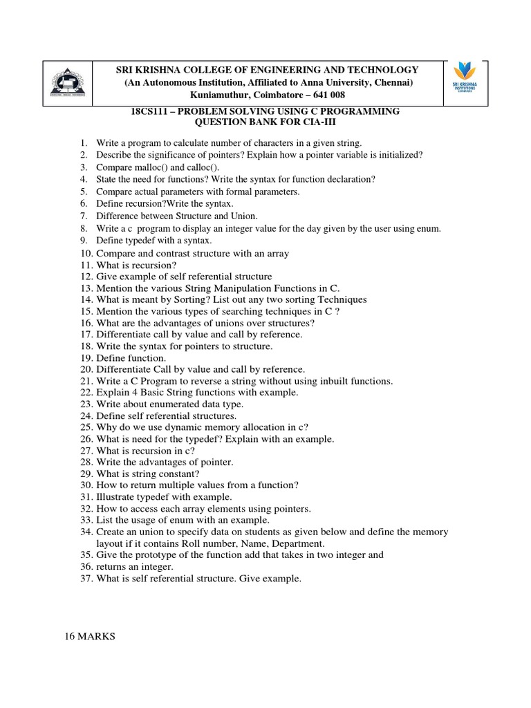 C Programming CIA-III Question Bank | PDF | C (Programming Language ...