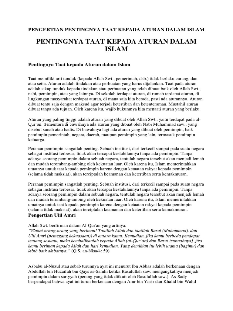 Pengertian Pentingnya Taat Kepada Aturan Dalam Islam PDF Karier
