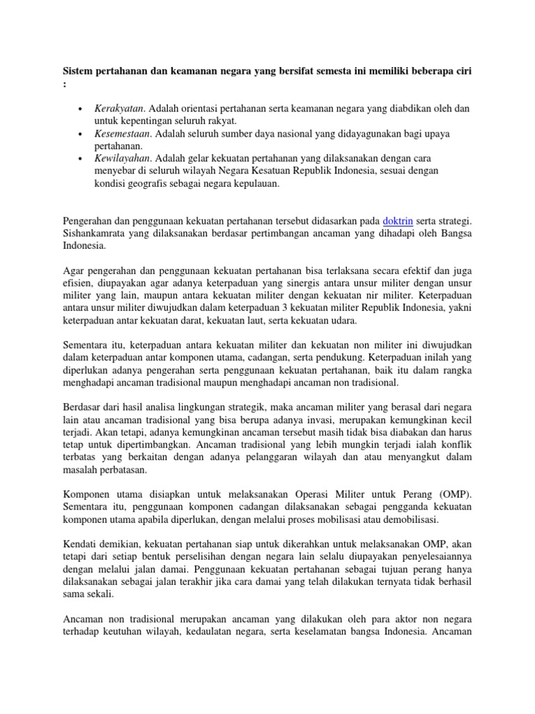 Sistem Pertahanan Dan Keamanan Negara Yang Bersifat Semesta Ini Memiliki Beberapa Ciri Pdf