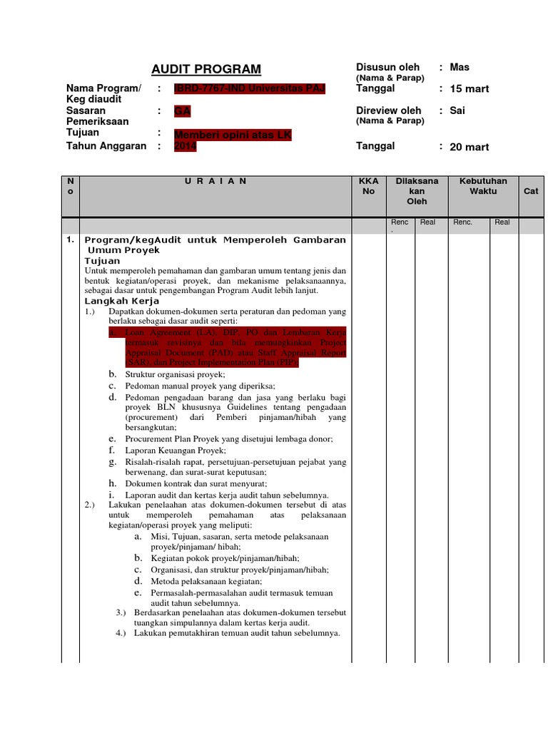Contoh Program Kerja Audit Proyek | PDF