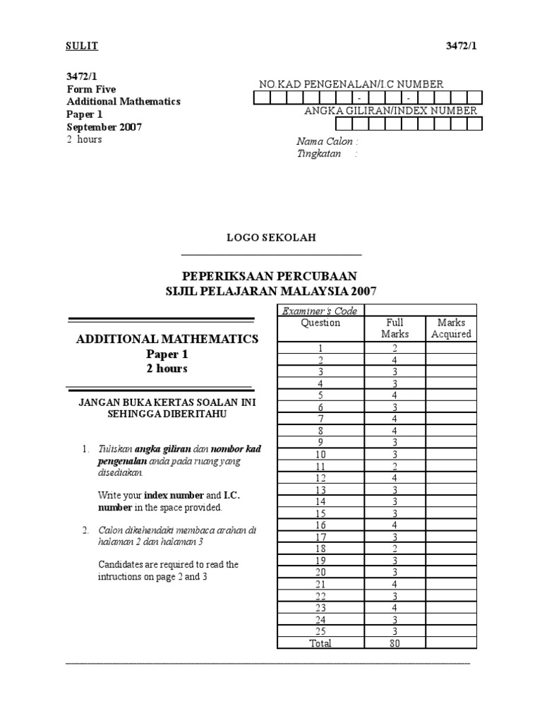 Additional Mathematics Paper 1 Pdf