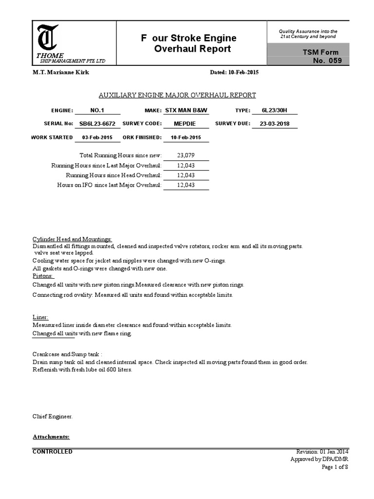 Auxiliary Engine Overhaul Report | PDF | Piston | Turbocharger