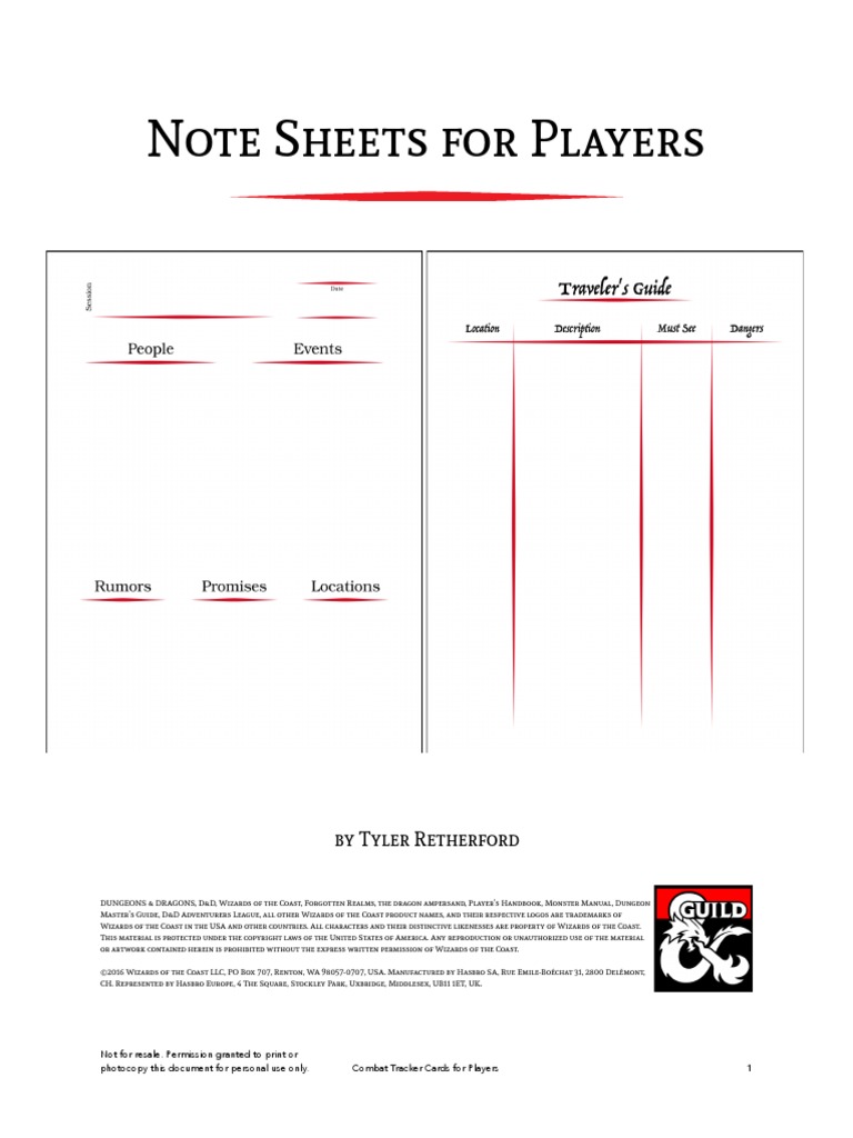 Note Sheets For Players (14165990) | PDF