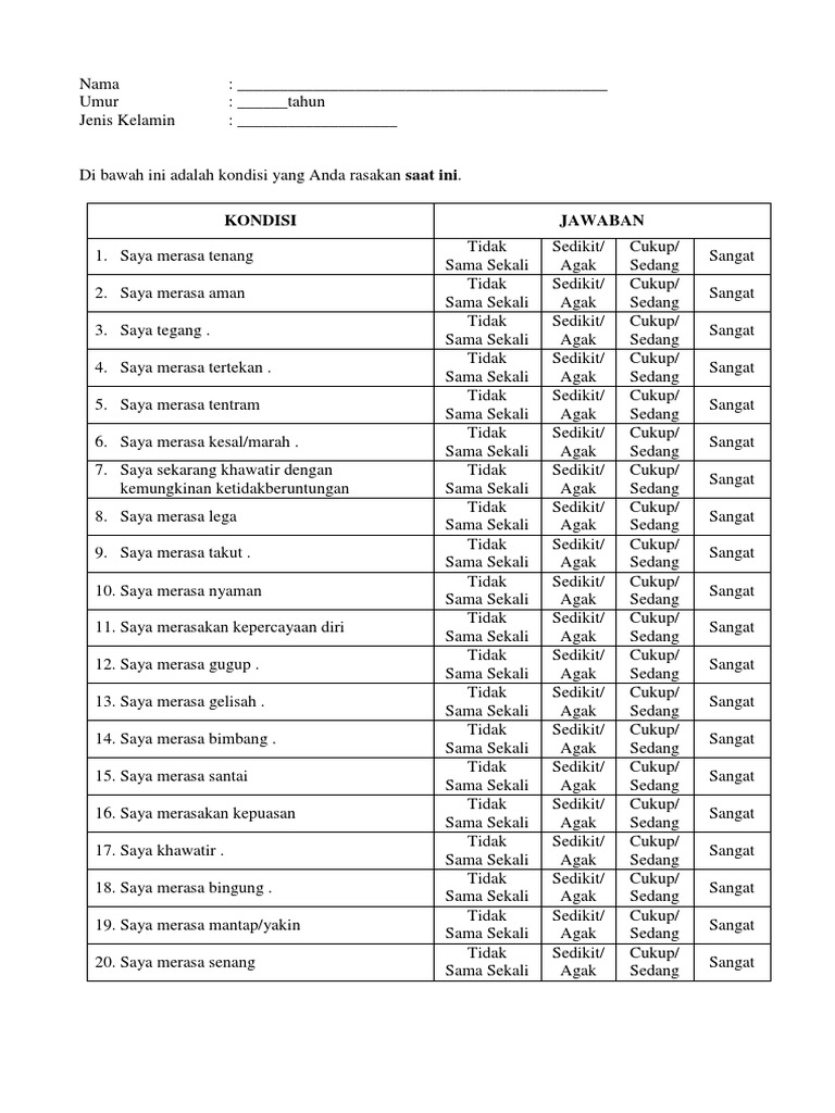 State Trait Anxiety Inventory INDONESIA | PDF