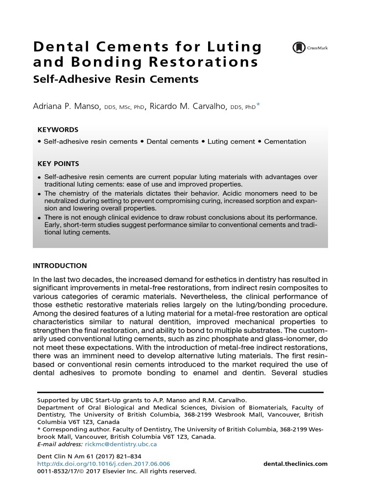 Self-Adhesive Resin Cements Overview | PDF | Dental Composite | Tooth ...