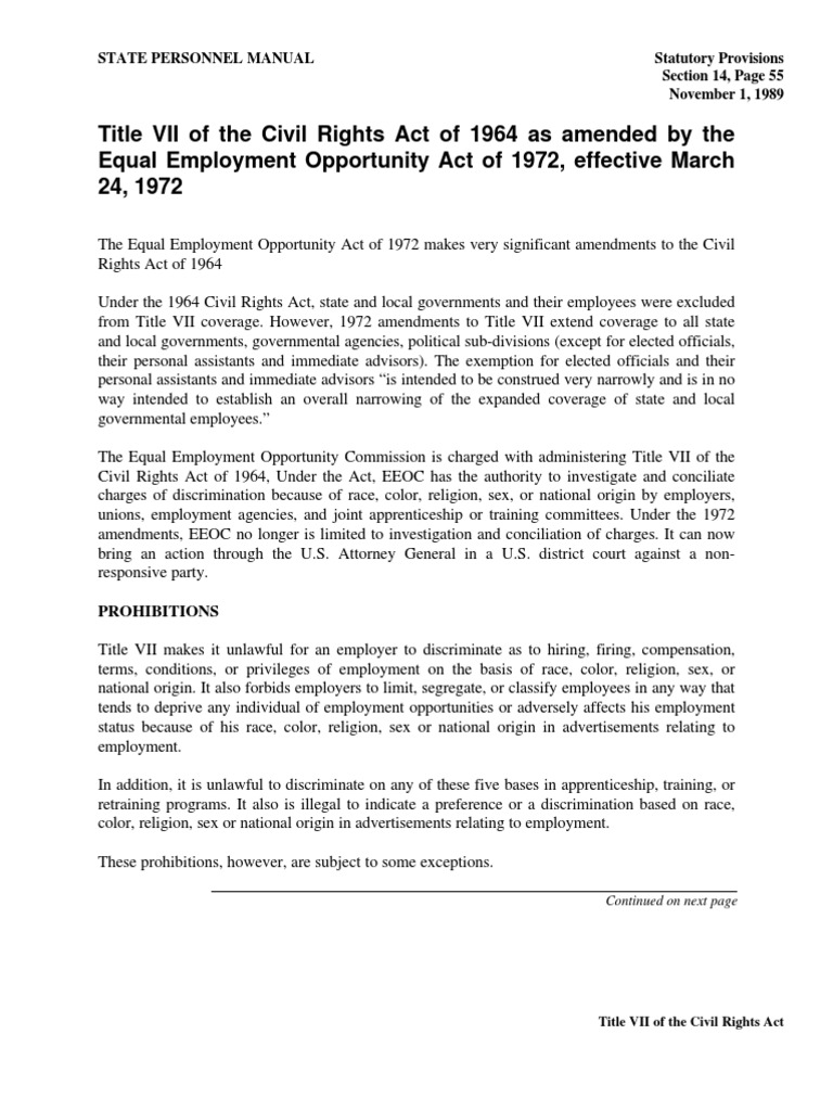 Civil Rights Act Title VII | PDF | Civil Rights Act Of 1964 | Equal ...
