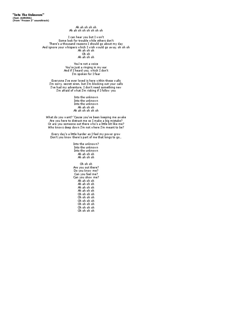 Idina menzel into the unknown lyrics pdf