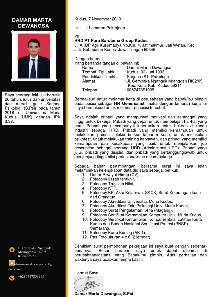 Lamaran Kerja PT Pura Barutama Group Kudus | PDF