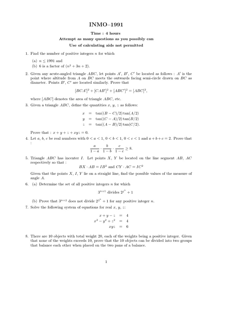 Math Problems and Proofs for INMO 1991 | PDF