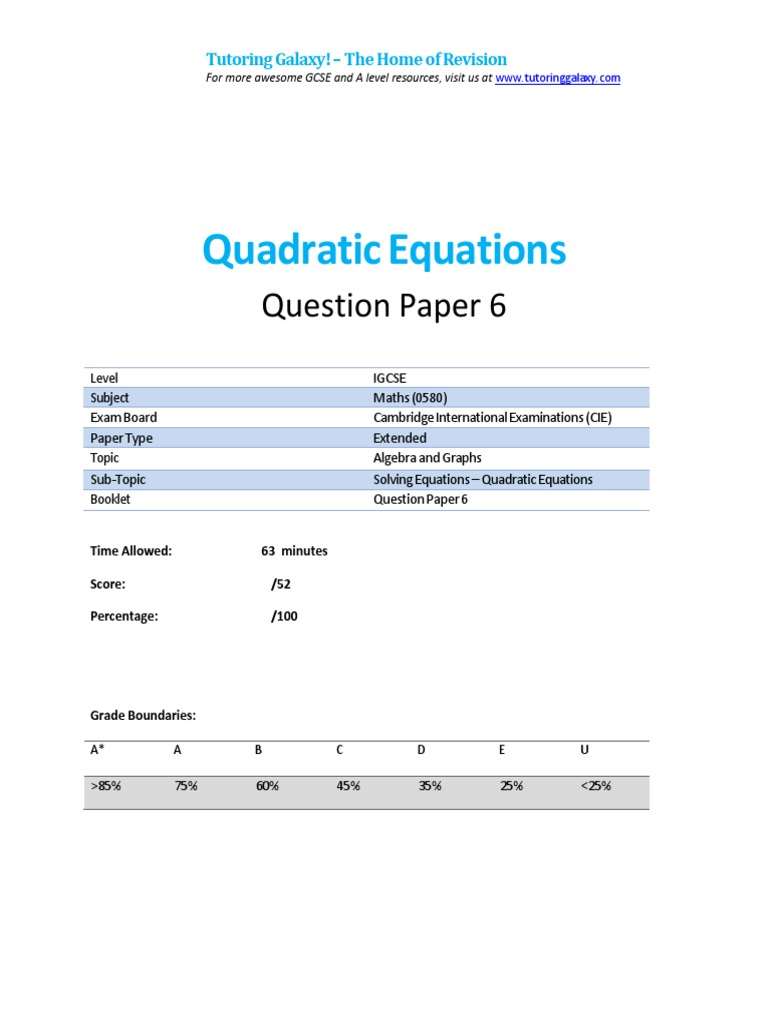 254.6 Quadratic Equations-Cie Igcse Maths 0580-Ext Theory-Qp | PDF ...