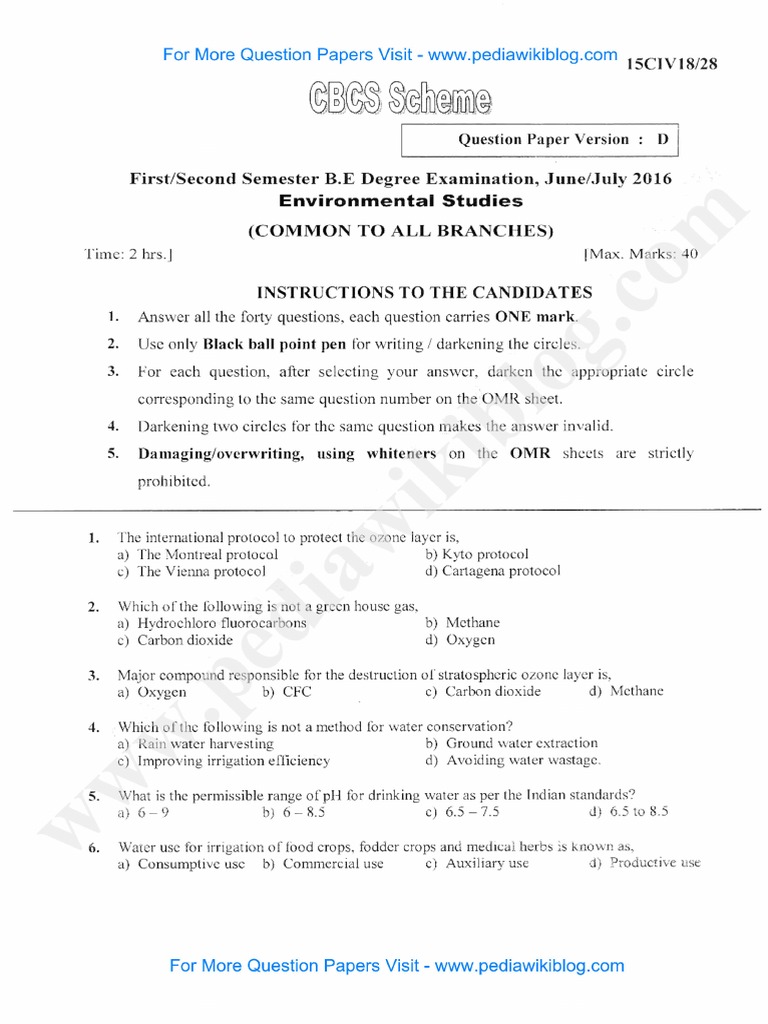 Environmental Studies Question Paper for B.E. Degree Examination PDF Carbon Ozone