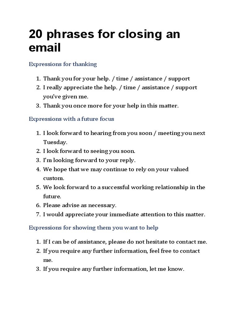 20 Phrases For Closing An Email | PDF