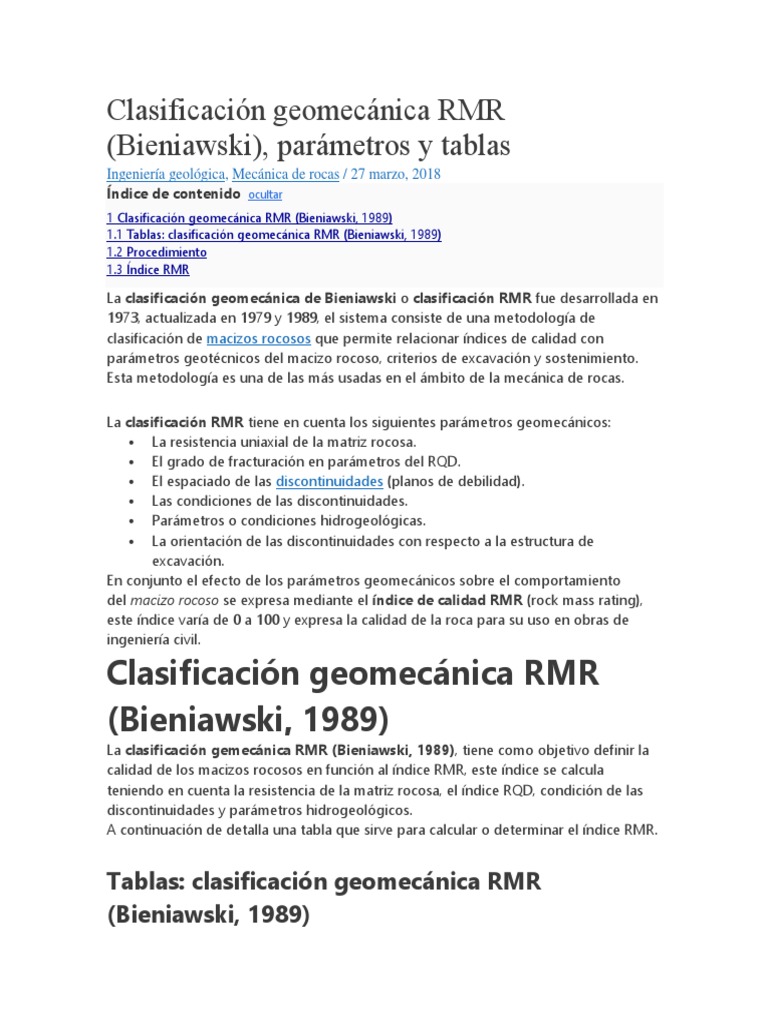 Clasificación Geomecánica RMR | PDF | Ingeniero civil | Ingeniería ...
