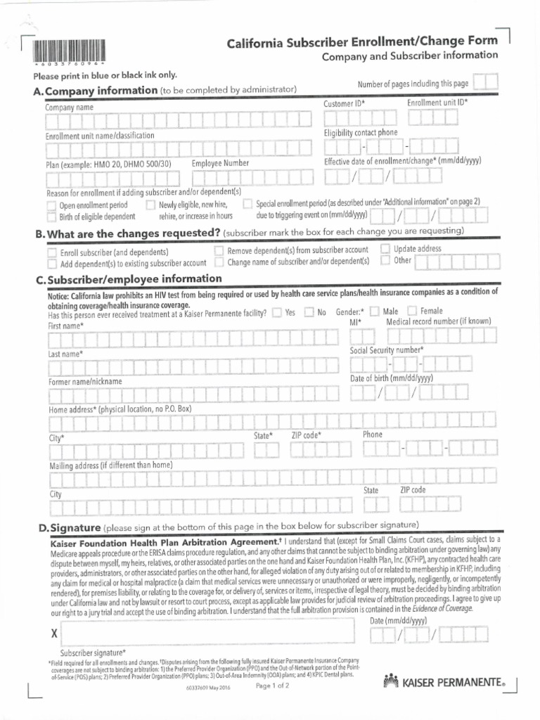 Enrollment Form - Kaiser | PDF
