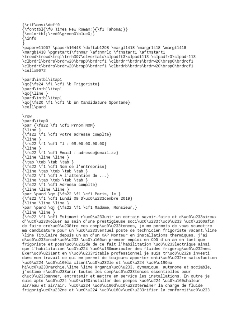 Lettre Motivation Frigoriste Debutant  PDF