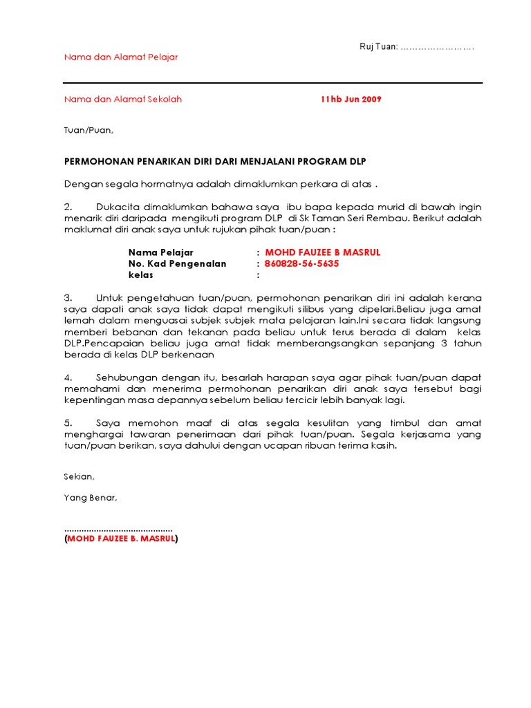 Contoh Pertama Surat Penarikan Diri N Mohon Maaf Pelajar Ke Firma Pdf