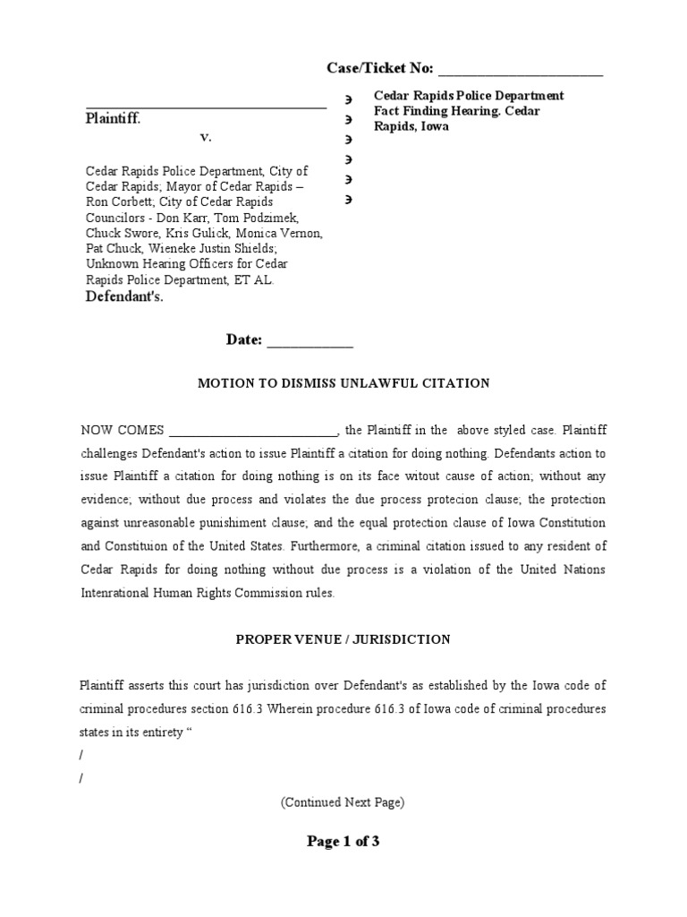 Iowa Ticket Dismissal Motion | PDF | Asset Forfeiture | Notary Public