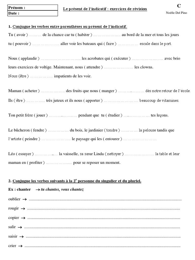 Le Présent De L indicatif Exercices Present Exercices de Revision | PDF | Onomastique | Philologie