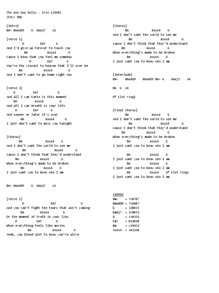 The goo goo dolls iris chords pdf song structure songs