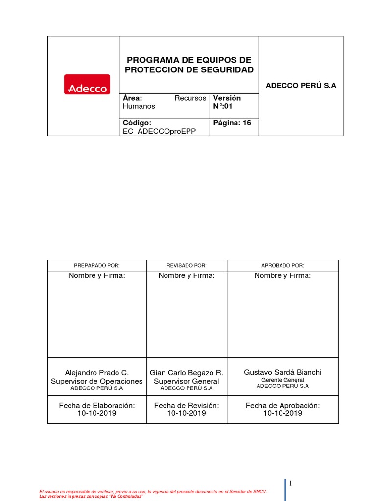Programa de EPP en Adecco Perú S.A. | PDF | Administración de Seguridad ...