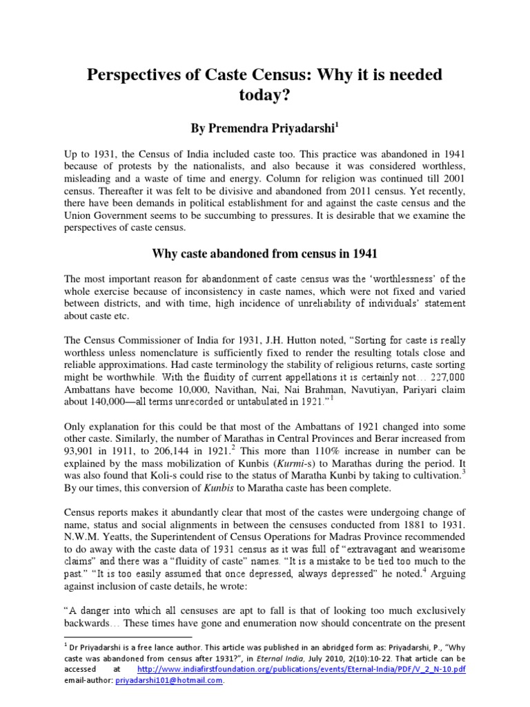 Caste Census Perspectives and History | PDF | Social Science