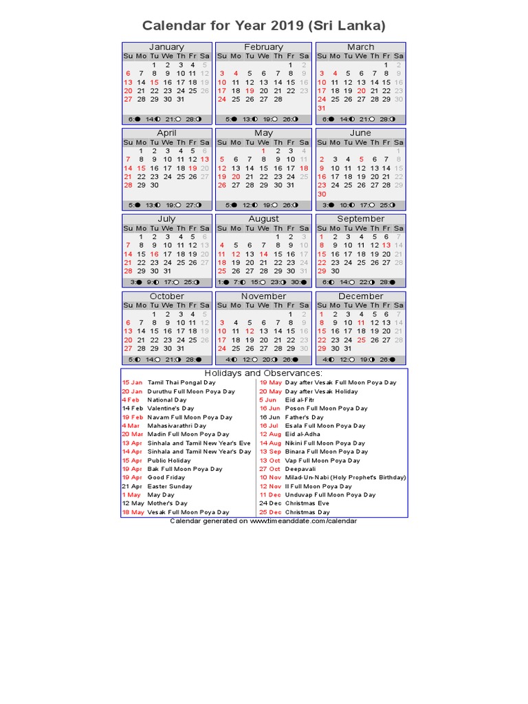 Year 2019 Calendar - Sri Lanka | PDF | Observances | Holidays