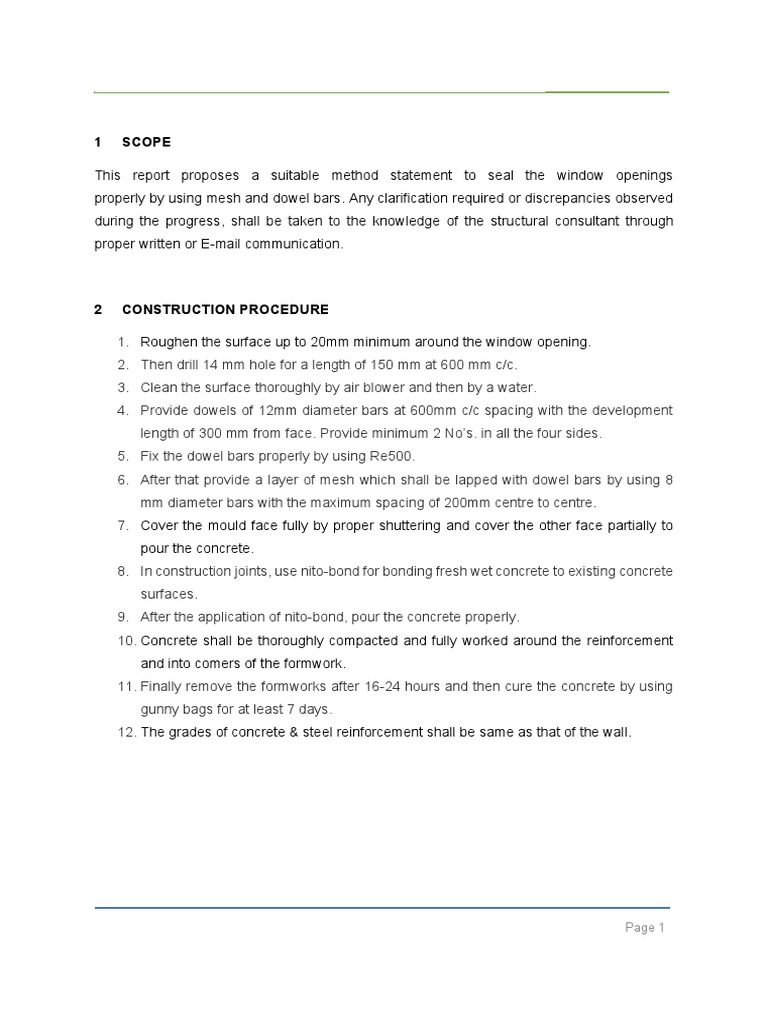 Method Statement To Seal The Opening | PDF | Concrete | Structural ...