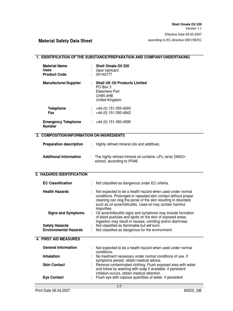 Shell Omala Oil 320 MSDS Summary | PDF | Personal Protective Equipment ...