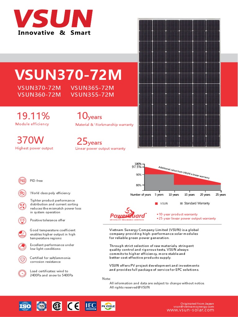 VSUN 370W Solar Panel Specifications | PDF | Solar Panel | Electrical ...