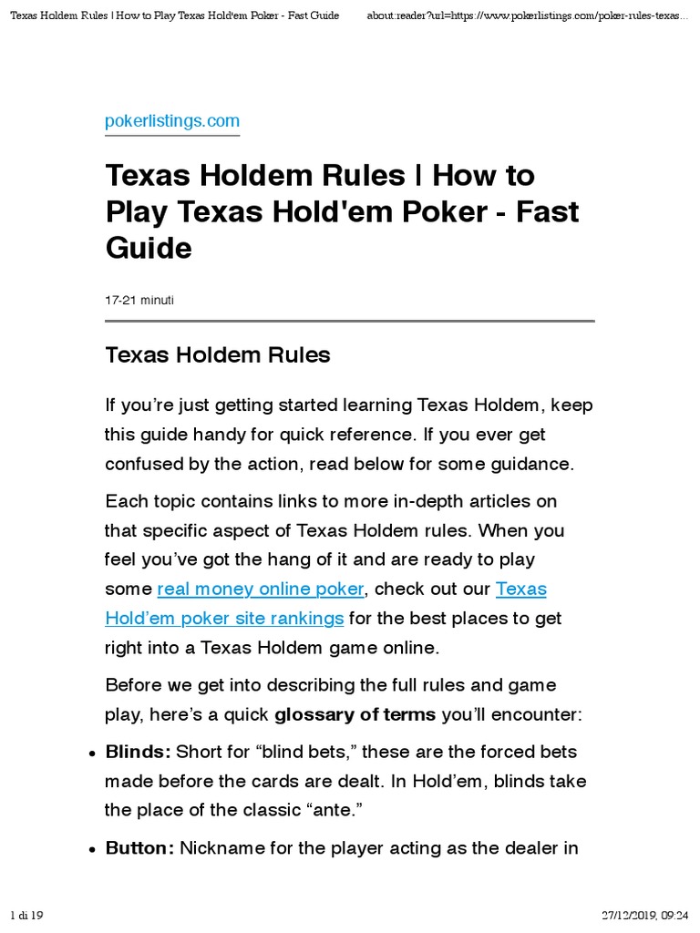 Texas Holdem Rules How To Play Texas Hold Em Poker Fast Guide Pdf Betting In Poker Texas Hold Em