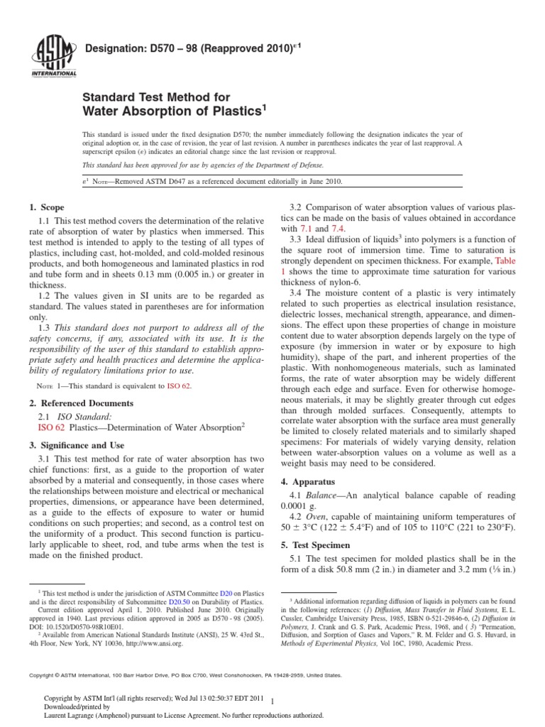 ASTM D570.water Absorbtion-2010 PDF | PDF | Humidity | Water