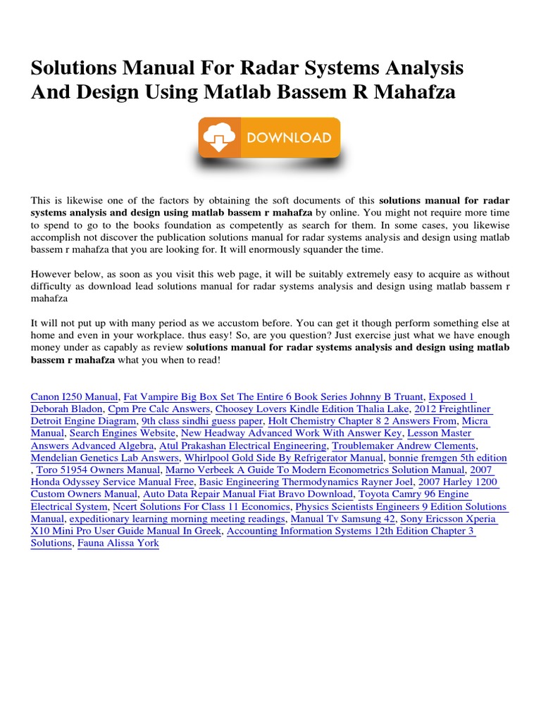 Solutions Manual For Radar Systems Analysis and Design Using Matlab